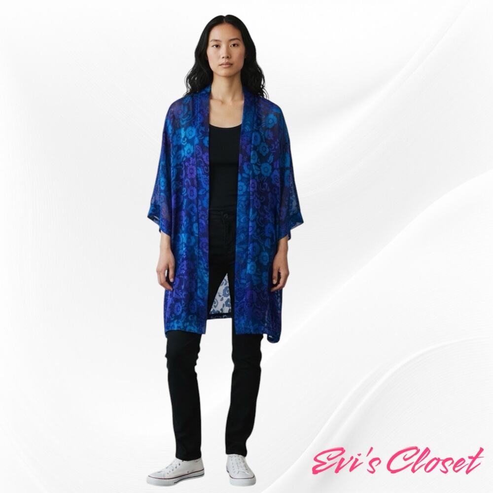 Vintage 90s Silk Blend Devore Burnout Kimono Jacket Blue Purple Floral Boho OS